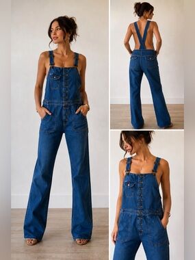 Vintage Italian Denim Overalls XL 33 Button Front 100% Cotton Made in Hong Kong